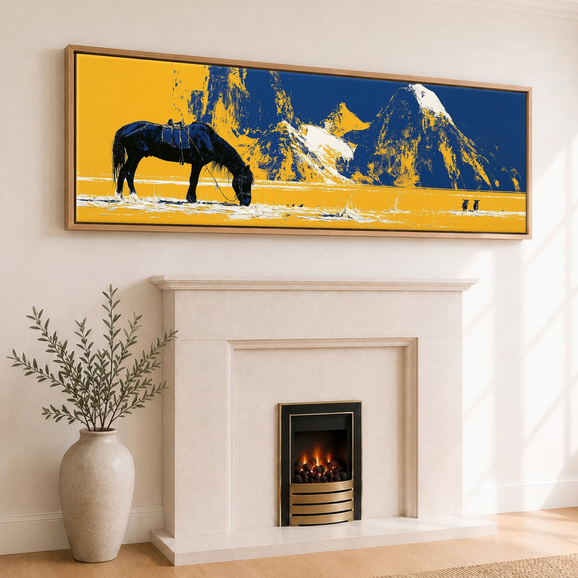 Ochre Plains and Navy Peaks Horse Landscape panoramic canvas wall art displayed above a fireplace