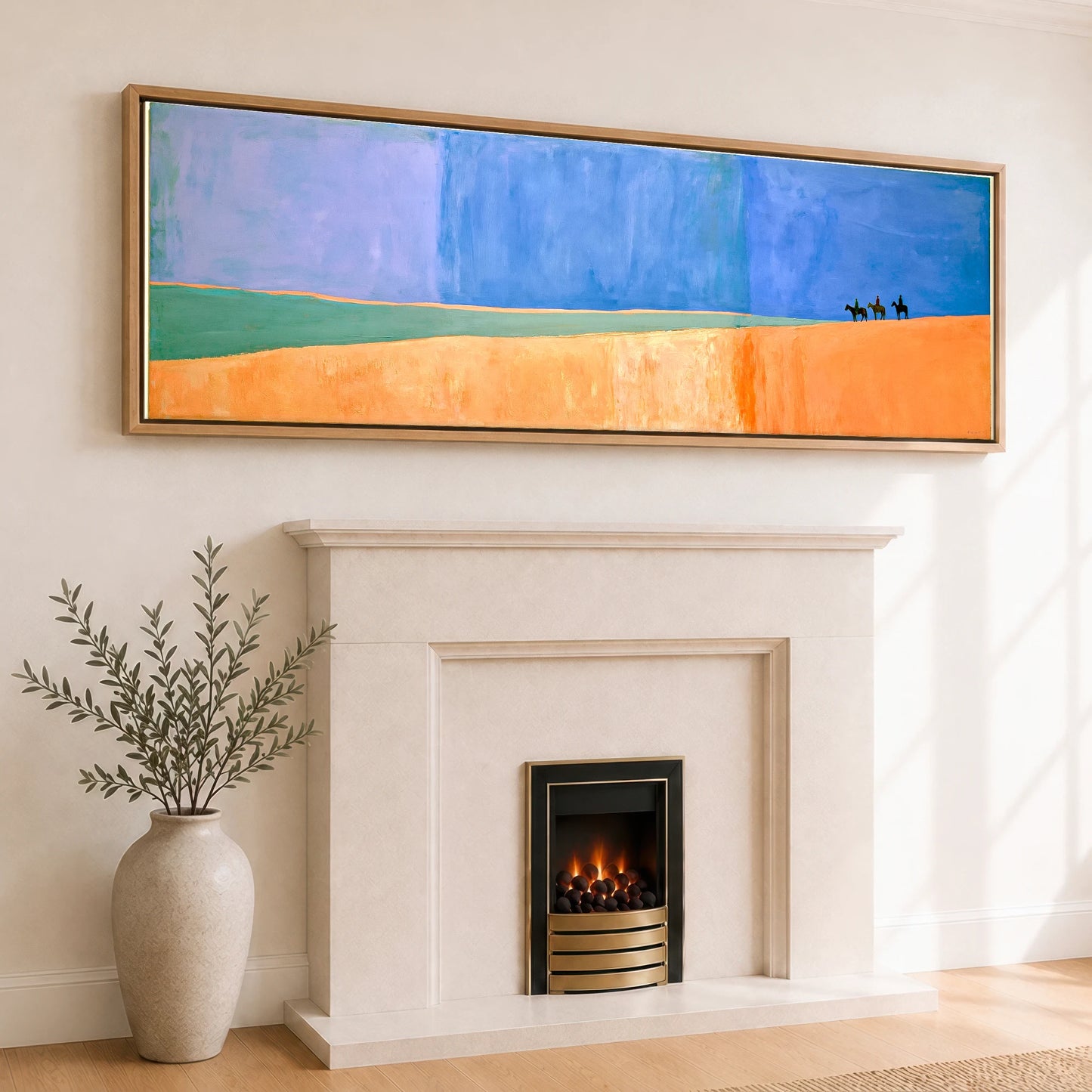 Vast Blue Horizons Horse & Rider panoramic canvas wall art displayed above a fireplace