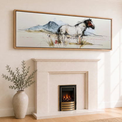 Wild Horizon Sketch Horse Landscape panoramic canvas wall art displayed above a fireplace