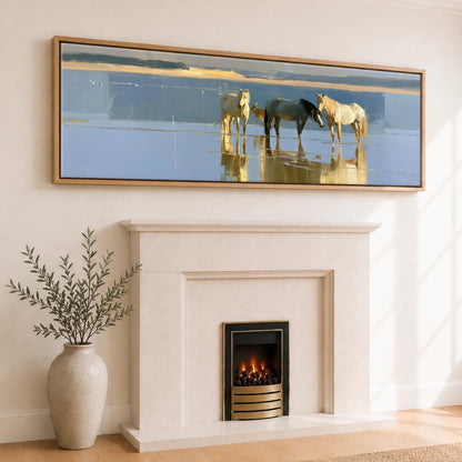 Coastal Reflections Beach Horse panoramic canvas wall art displayed above a fireplace