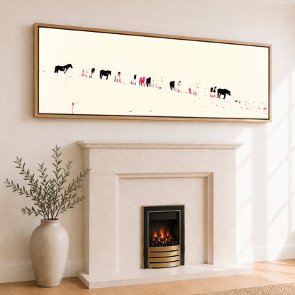 Vivid Procession Horse Landscape panoramic canvas wall art displayed above a fireplace