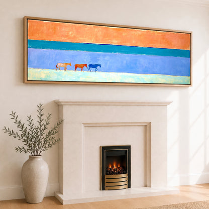 Horizon Wanderers Beach Horse panoramic canvas wall art displayed above a fireplace