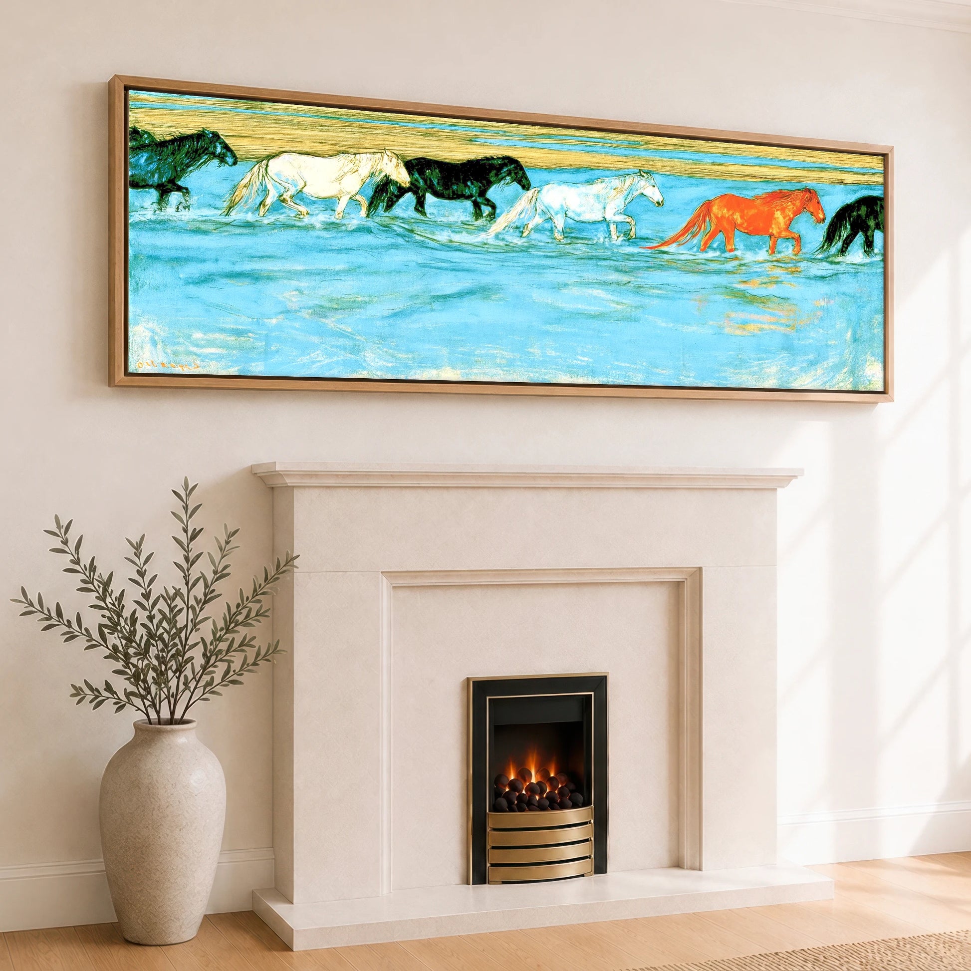 Painted Herd in Azure Horse Landscape panoramic canvas wall art displayed above a fireplace
