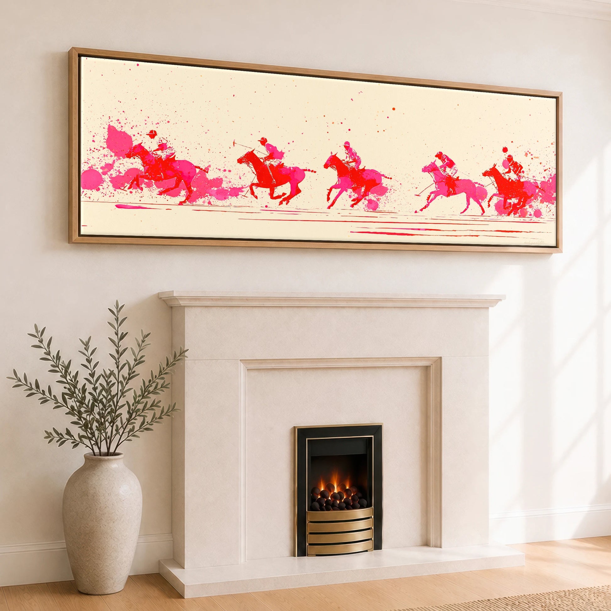 Vivid Polo Pursuit Polo Horse panoramic canvas wall art displayed above a fireplace