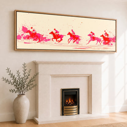 Vivid Polo Pursuit Polo Horse panoramic canvas wall art displayed above a fireplace