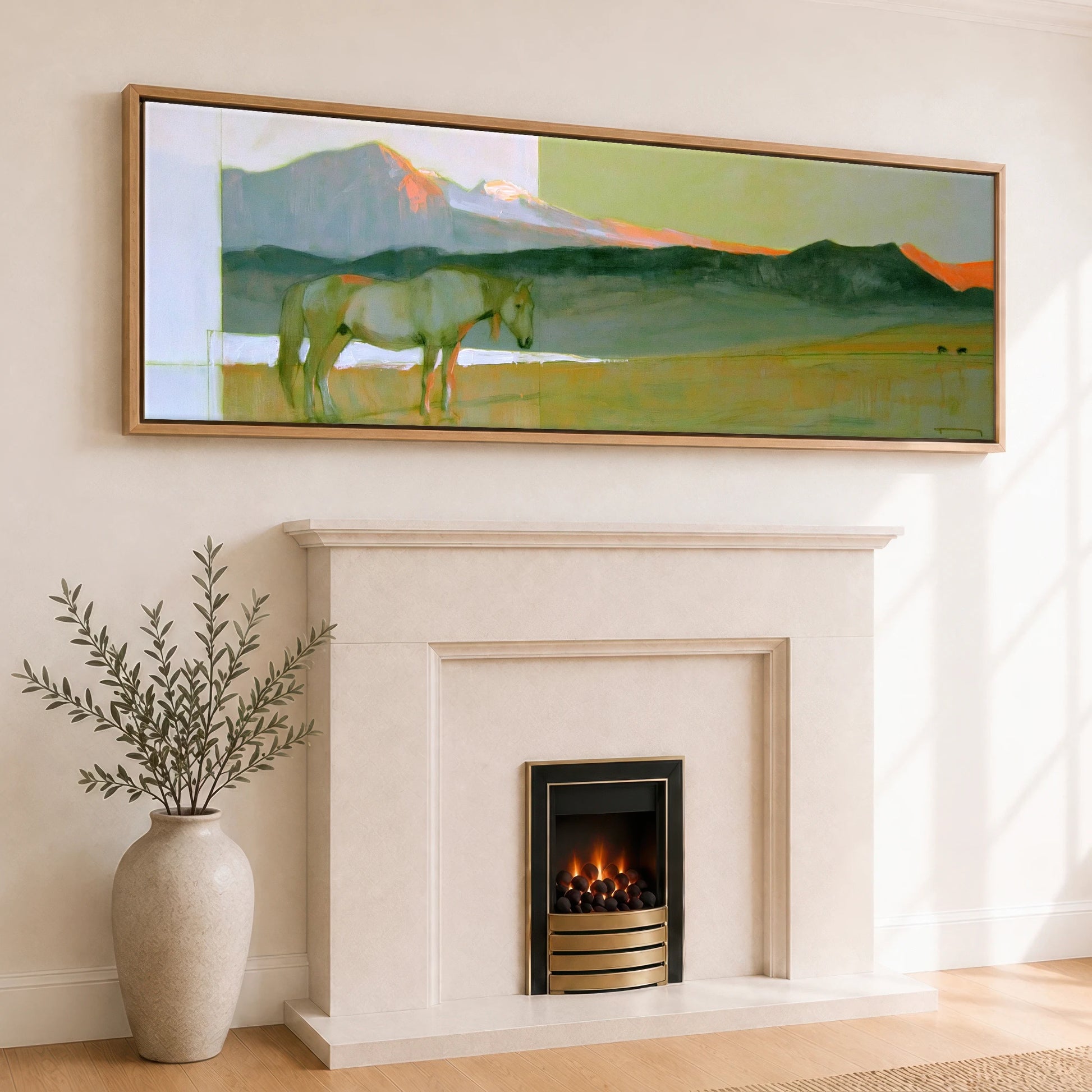 Pastel Mountain Light Horse Landscape panoramic canvas wall art displayed above a fireplace
