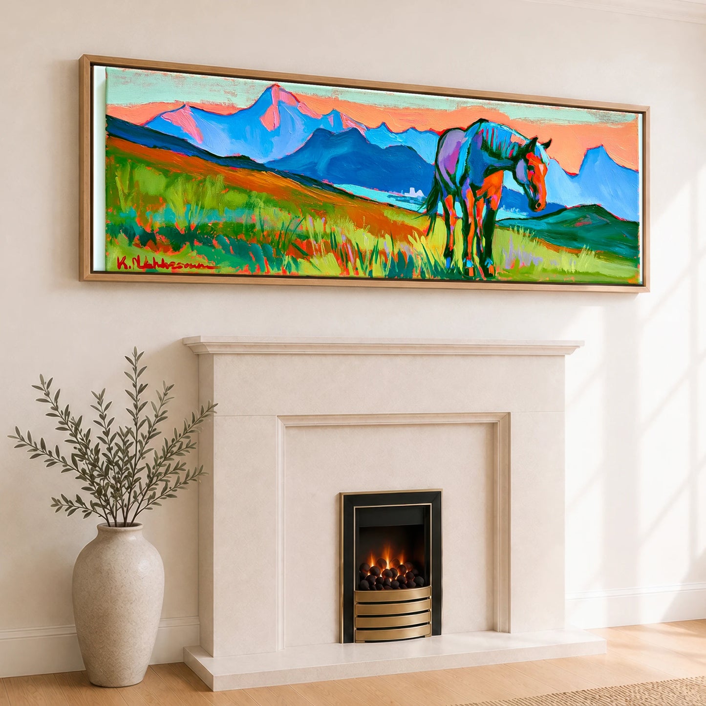 Technicolour Mountain Grazing Horse Landscape panoramic canvas wall art displayed above a fireplace