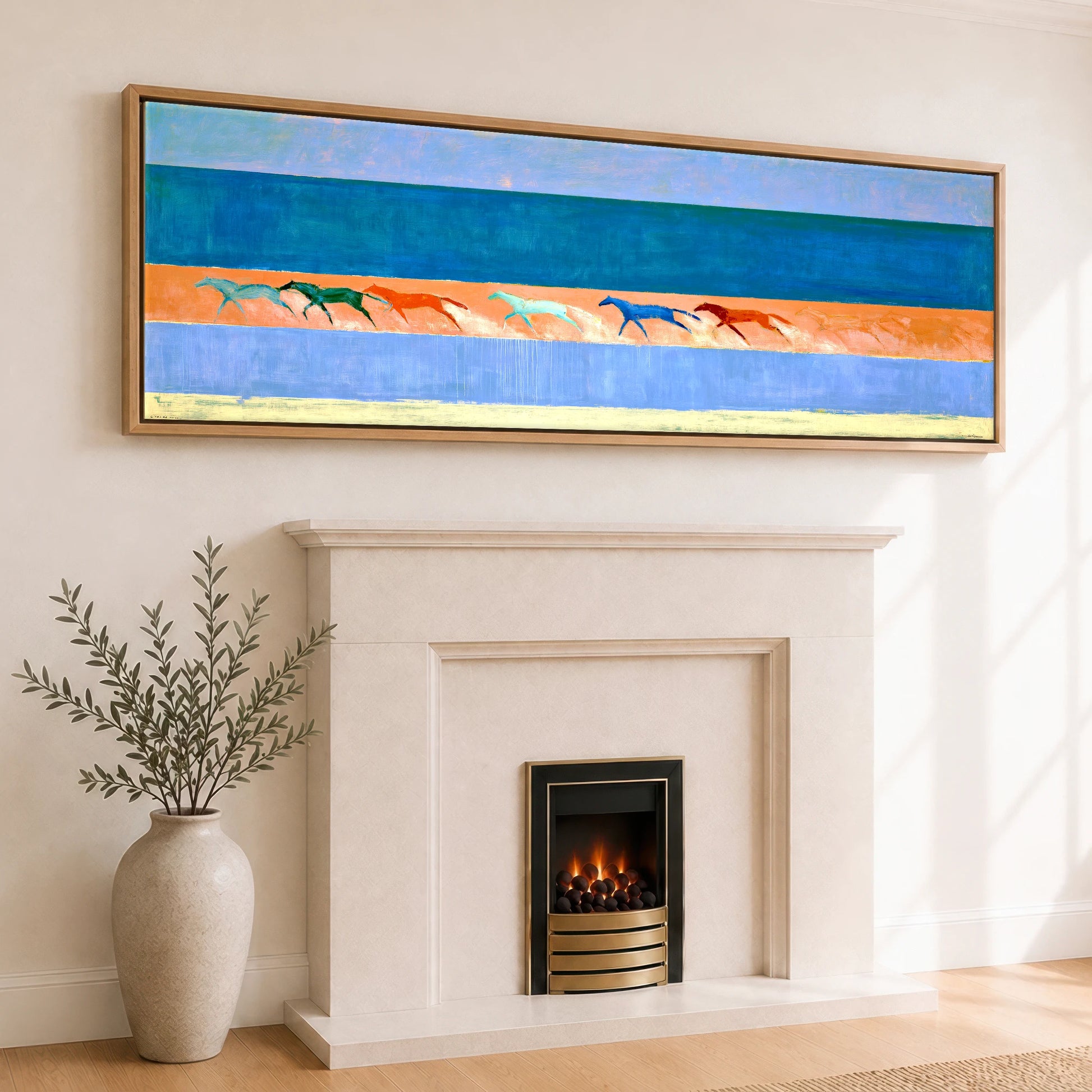 Rhythm of the Coast Beach Horse panoramic canvas wall art displayed above a fireplace