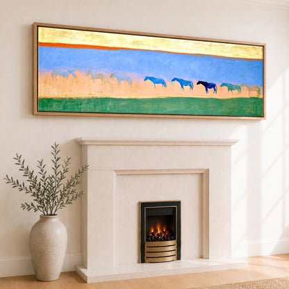Cobalt Horizon Herd Horse Landscape panoramic canvas wall art displayed above a fireplace