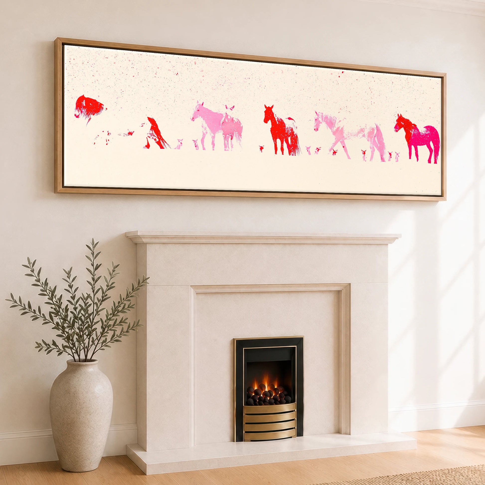 Crimson Ink Procession Horse Landscape panoramic canvas wall art displayed above a fireplace