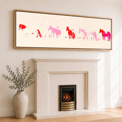 Crimson Ink Procession Horse Landscape panoramic canvas wall art displayed above a fireplace