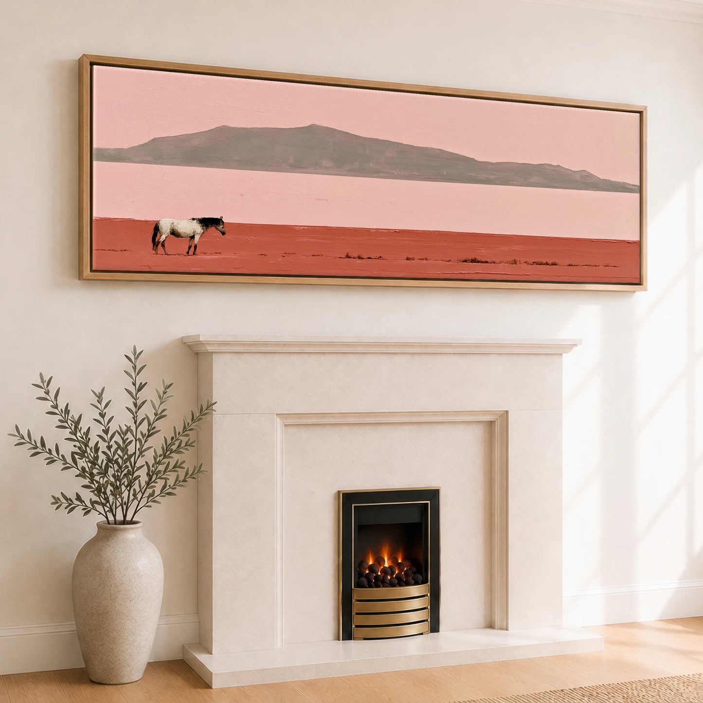 Terracotta Horizon Horse Landscape panoramic canvas wall art displayed above a fireplace