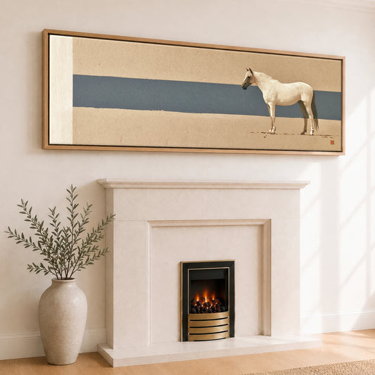 Minimalist Horizon Horse Landscape panoramic canvas wall art displayed above a fireplace