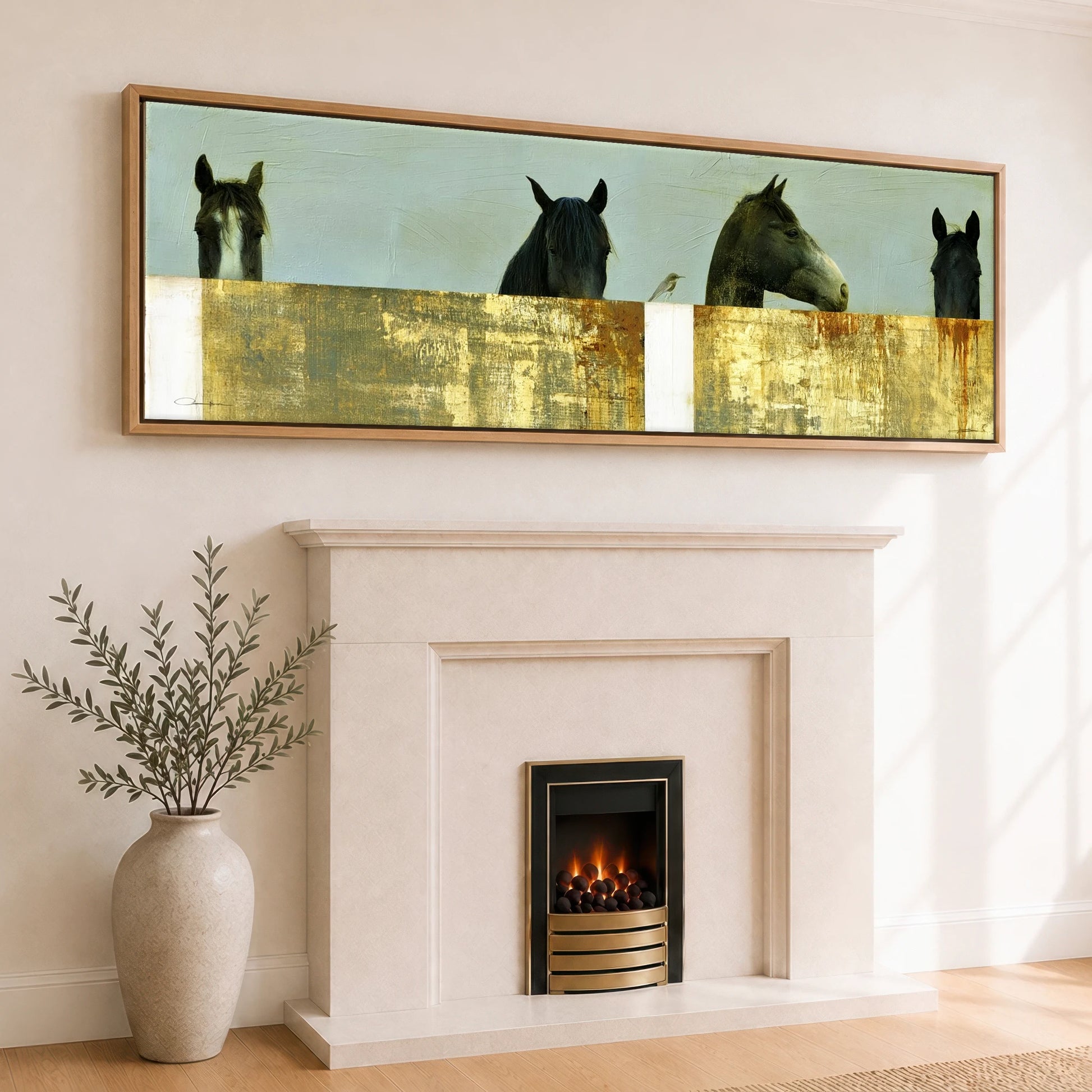 Quiet Observers Horse Stable panoramic canvas wall art displayed above a fireplace