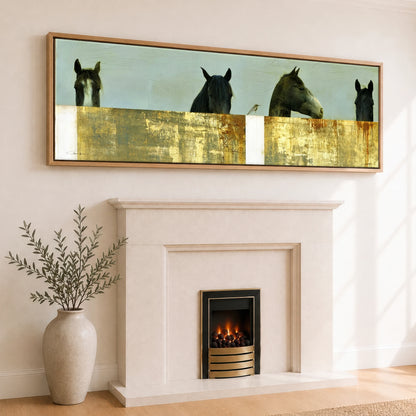 Quiet Observers Horse Stable panoramic canvas wall art displayed above a fireplace