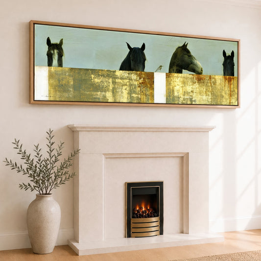 Quiet Observers Horse Stable panoramic canvas wall art displayed above a fireplace