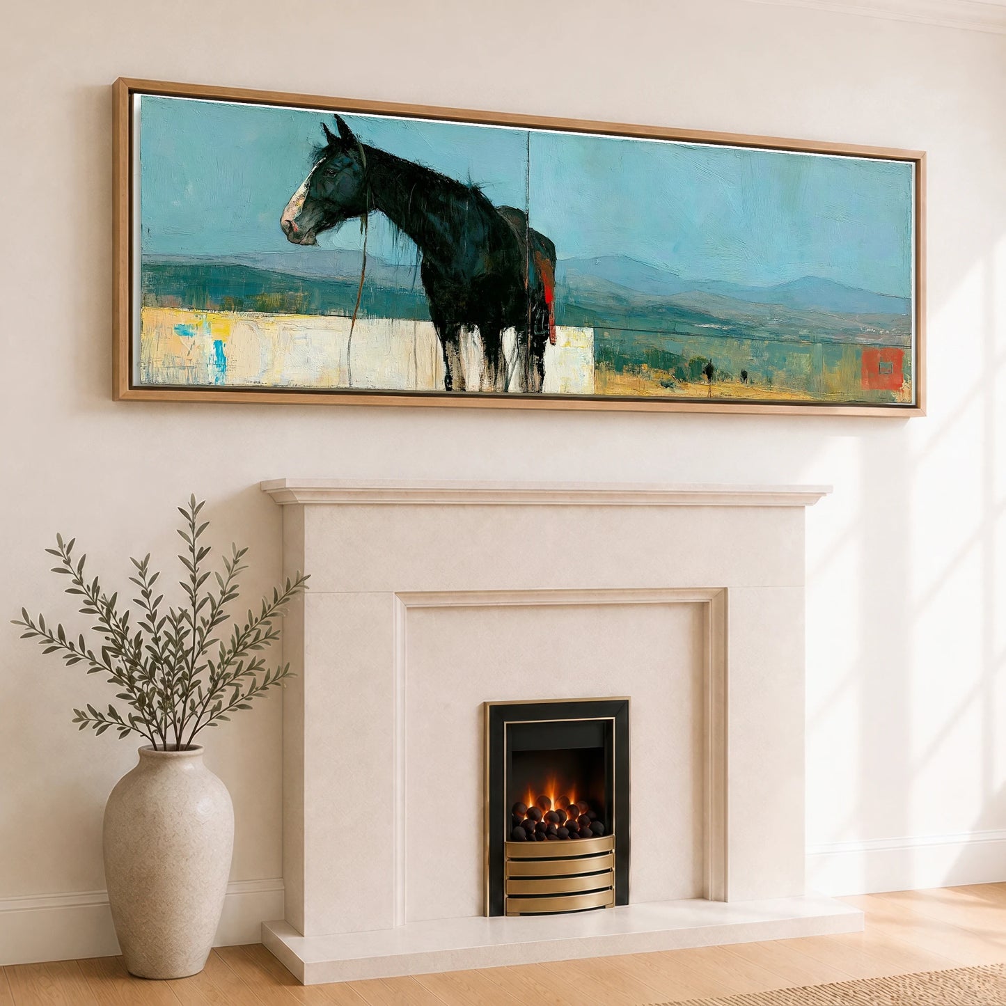 Shadows on the Teal Horizon Horse Landscape panoramic canvas wall art displayed above a fireplace