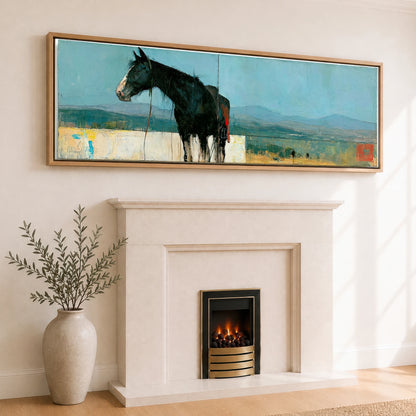 Shadows on the Teal Horizon Horse Landscape panoramic canvas wall art displayed above a fireplace