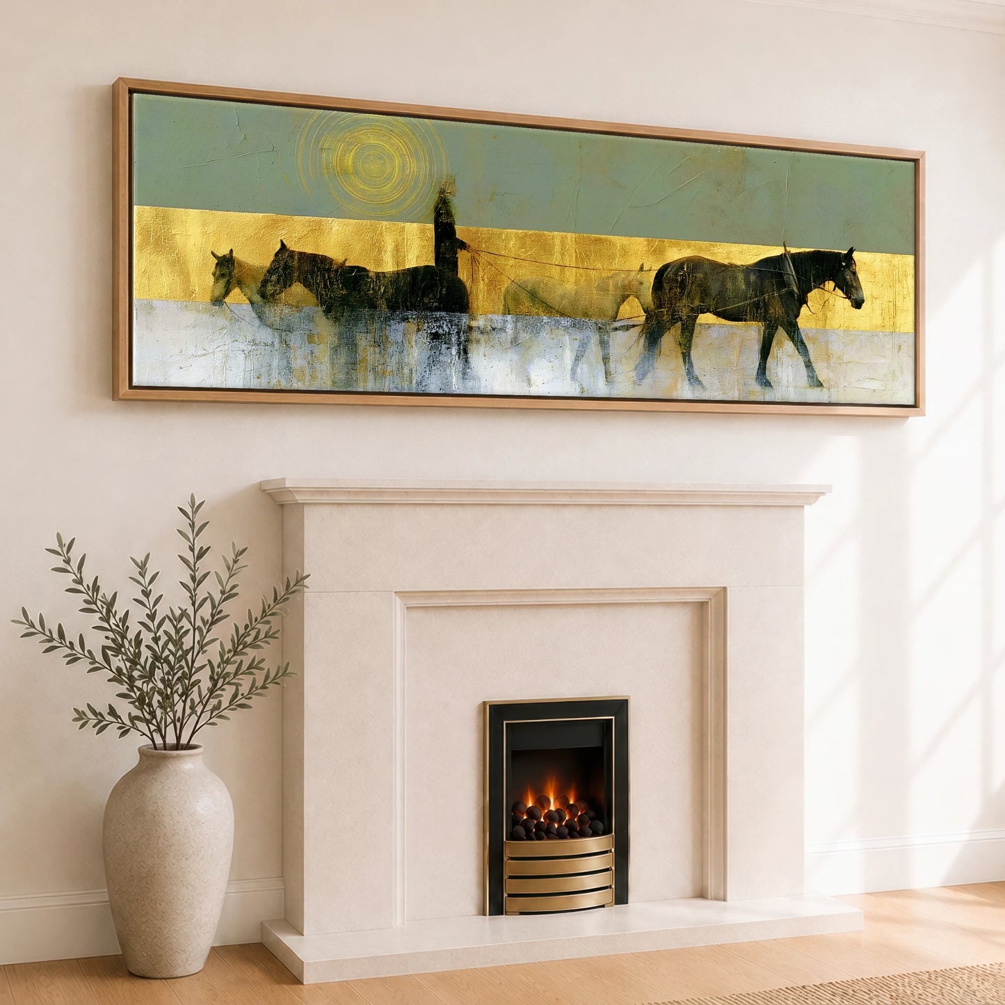 The Gilded String Working Horse panoramic canvas wall art displayed above a fireplace
