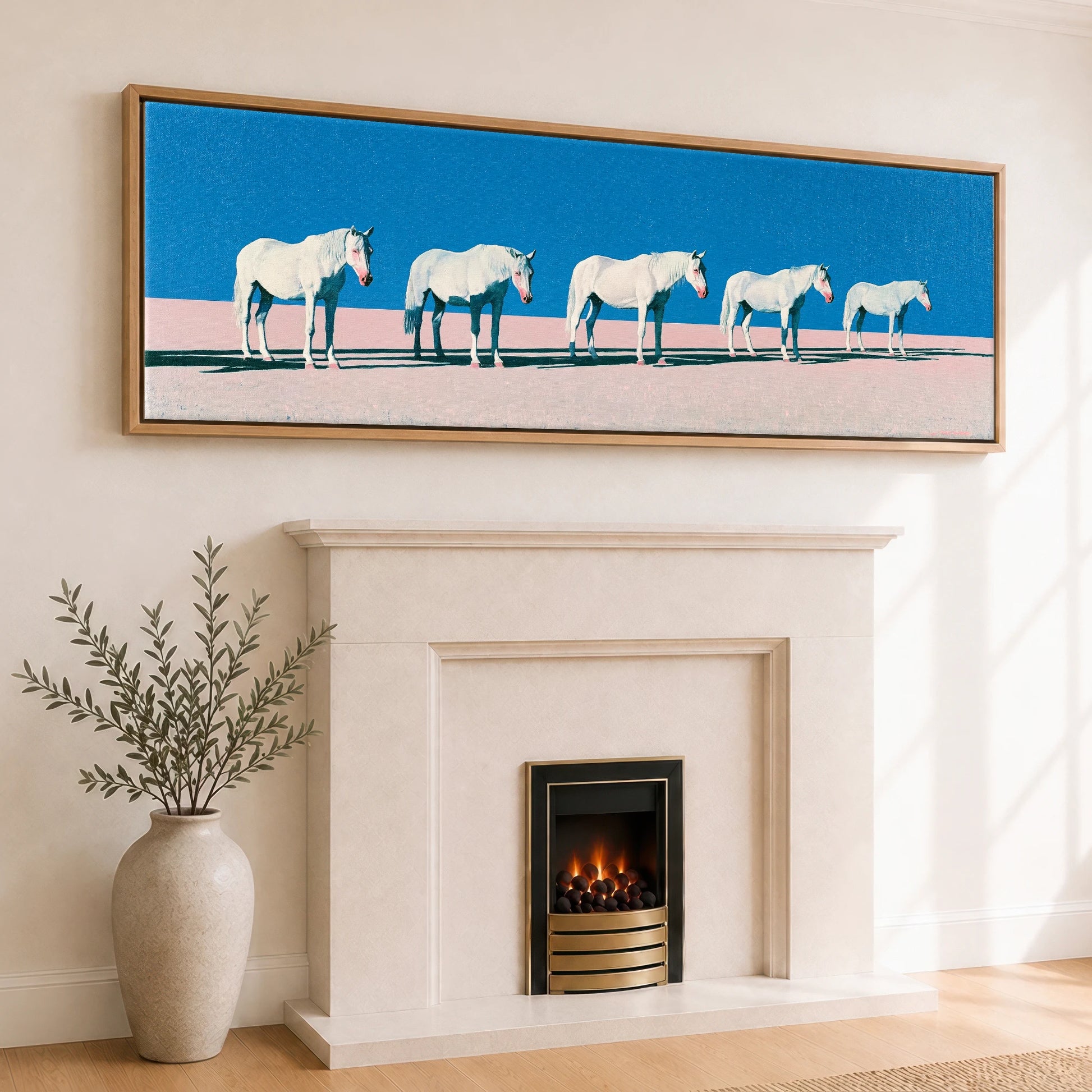 Rhythm in Azure Horse Landscape panoramic canvas wall art displayed above a fireplace
