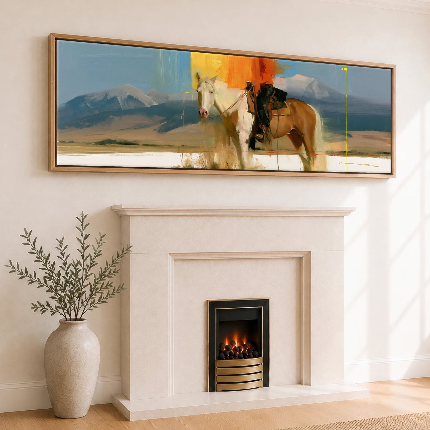 Abstract Western Horizon Horse Landscape panoramic canvas wall art displayed above a fireplace