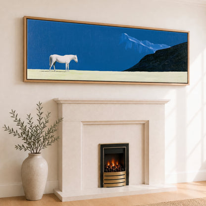 Solitude in Blue Horse Landscape panoramic canvas wall art displayed above a fireplace