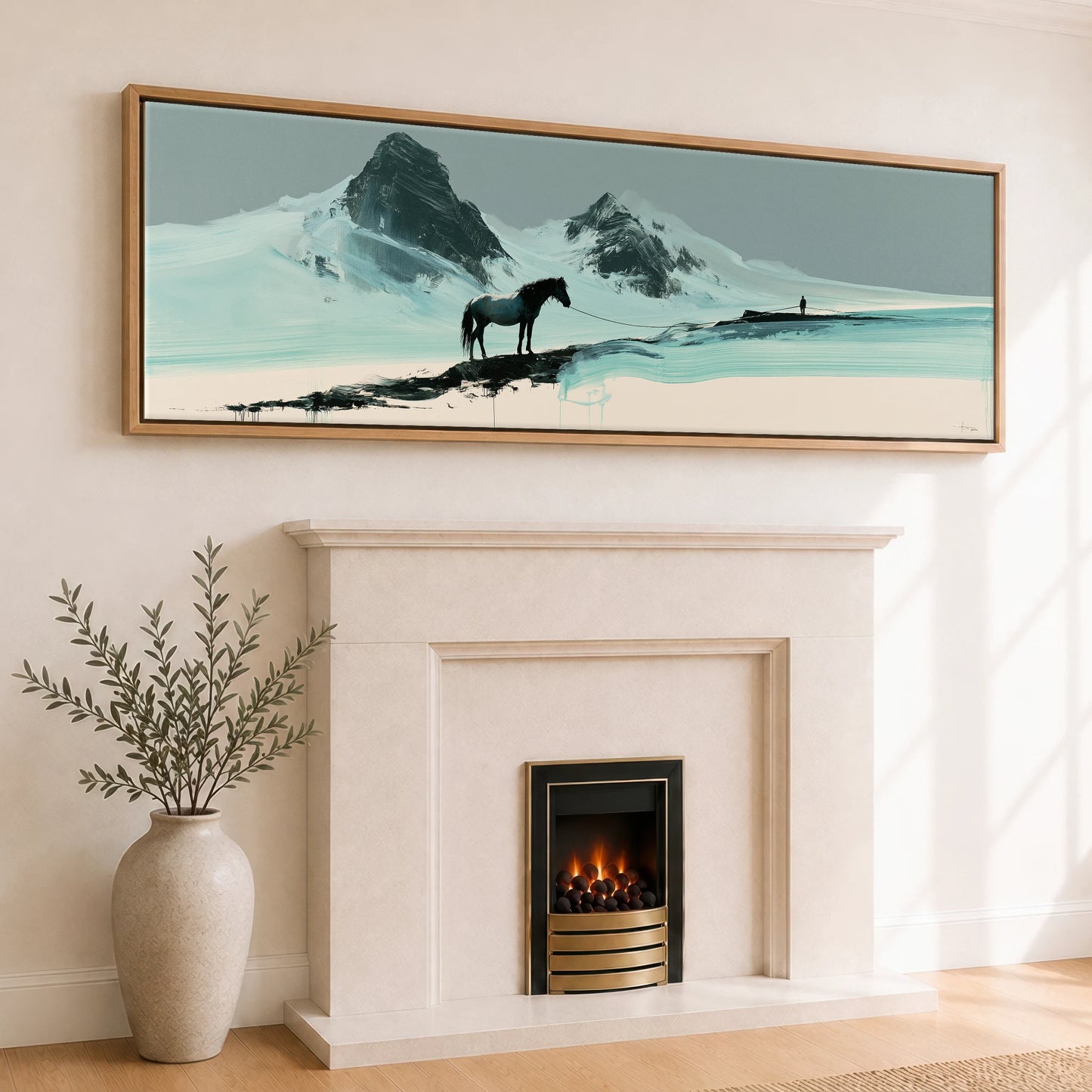 The Long Line Horse Landscape panoramic canvas wall art displayed above a fireplace