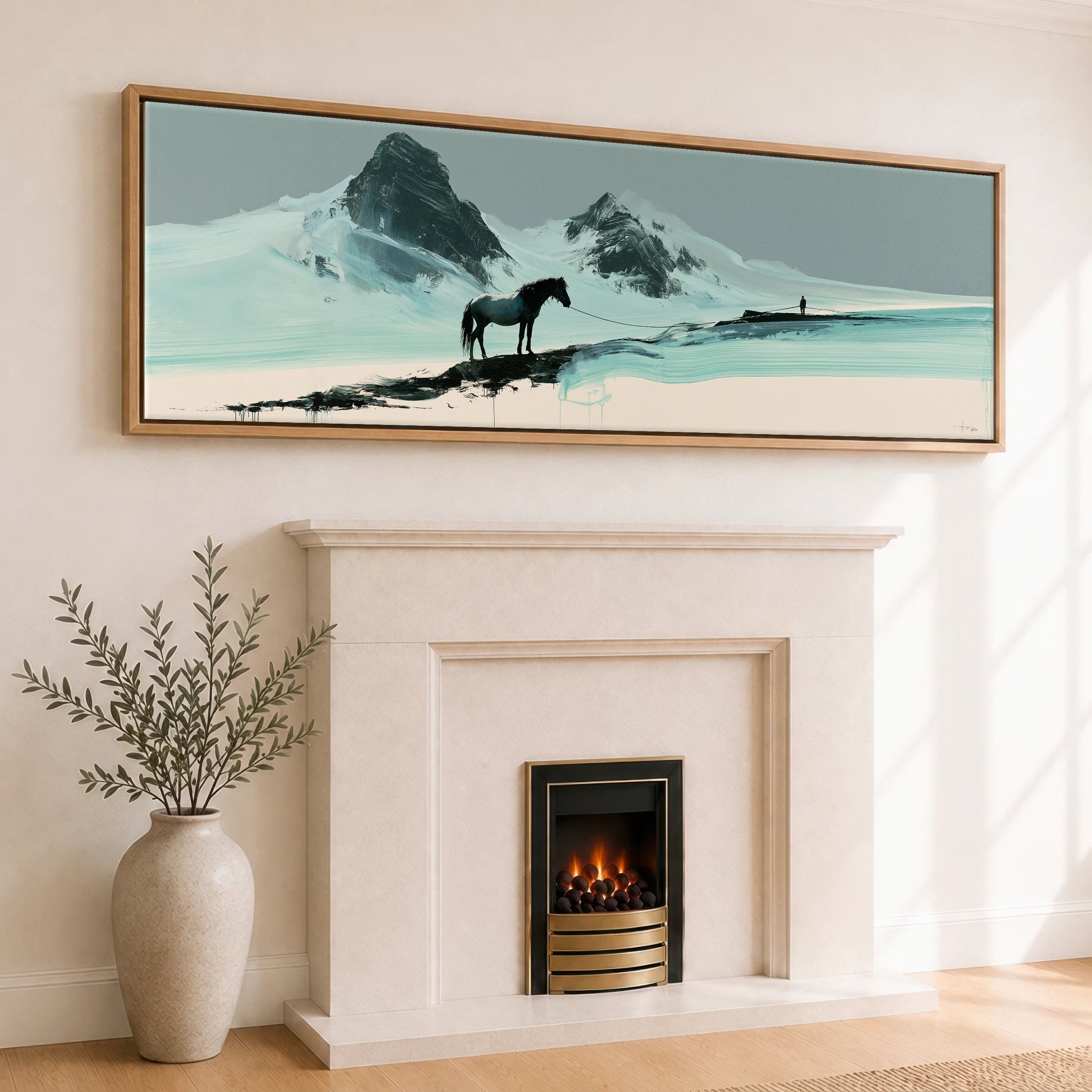 The Long Line Horse Landscape panoramic canvas wall art displayed above a fireplace