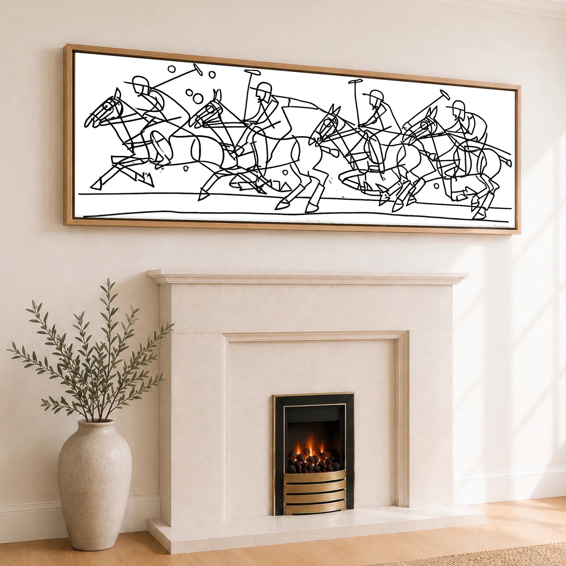 The Polo Line Polo Horse panoramic canvas wall art displayed above a fireplace