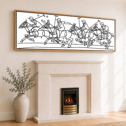 The Polo Line Polo Horse panoramic canvas wall art displayed above a fireplace