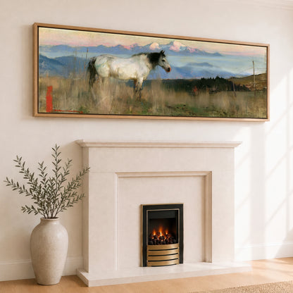 High Country Dawn Horse Landscape panoramic canvas wall art displayed above a fireplace