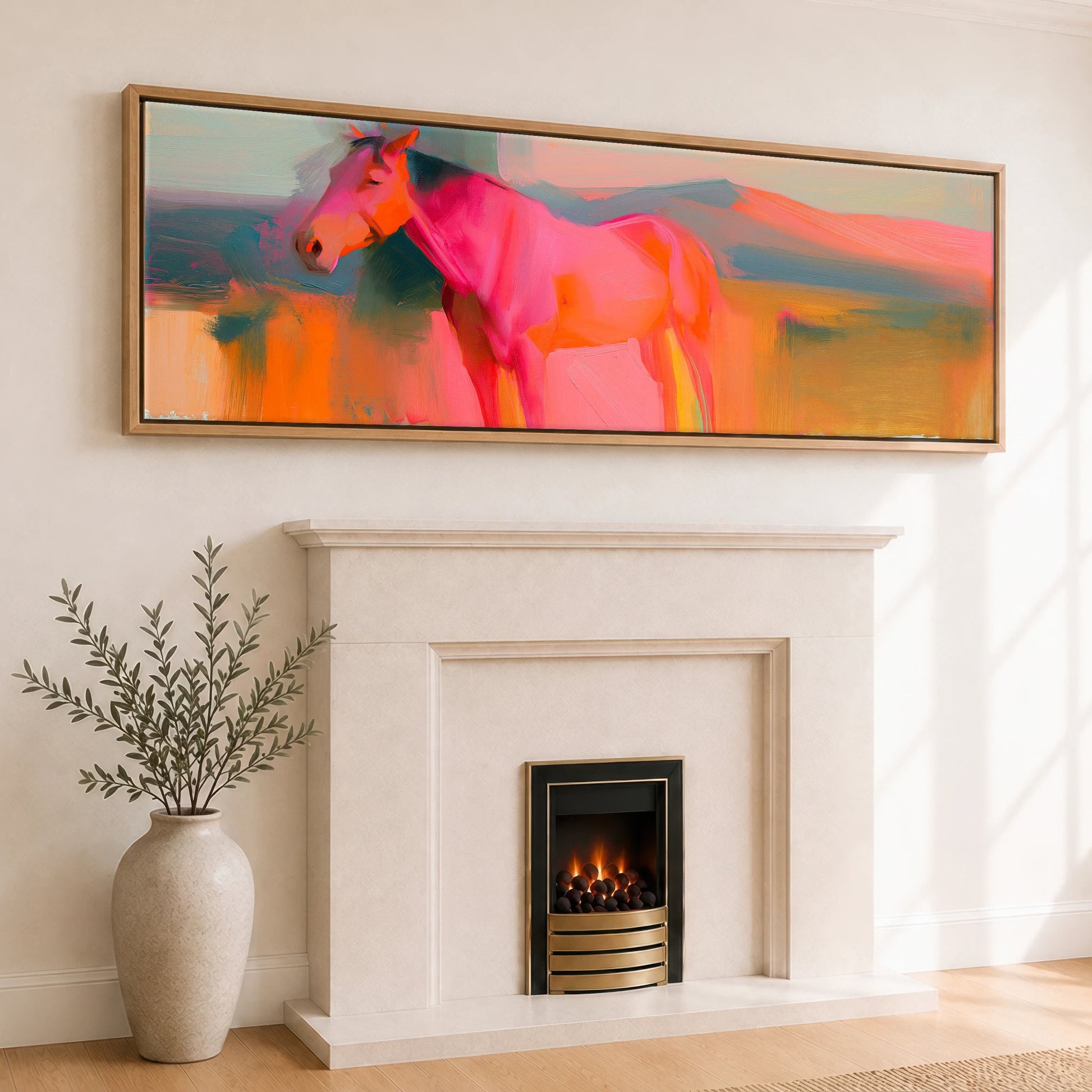 Vibrant Equine Horizon Horse Landscape panoramic canvas wall art displayed above a fireplace