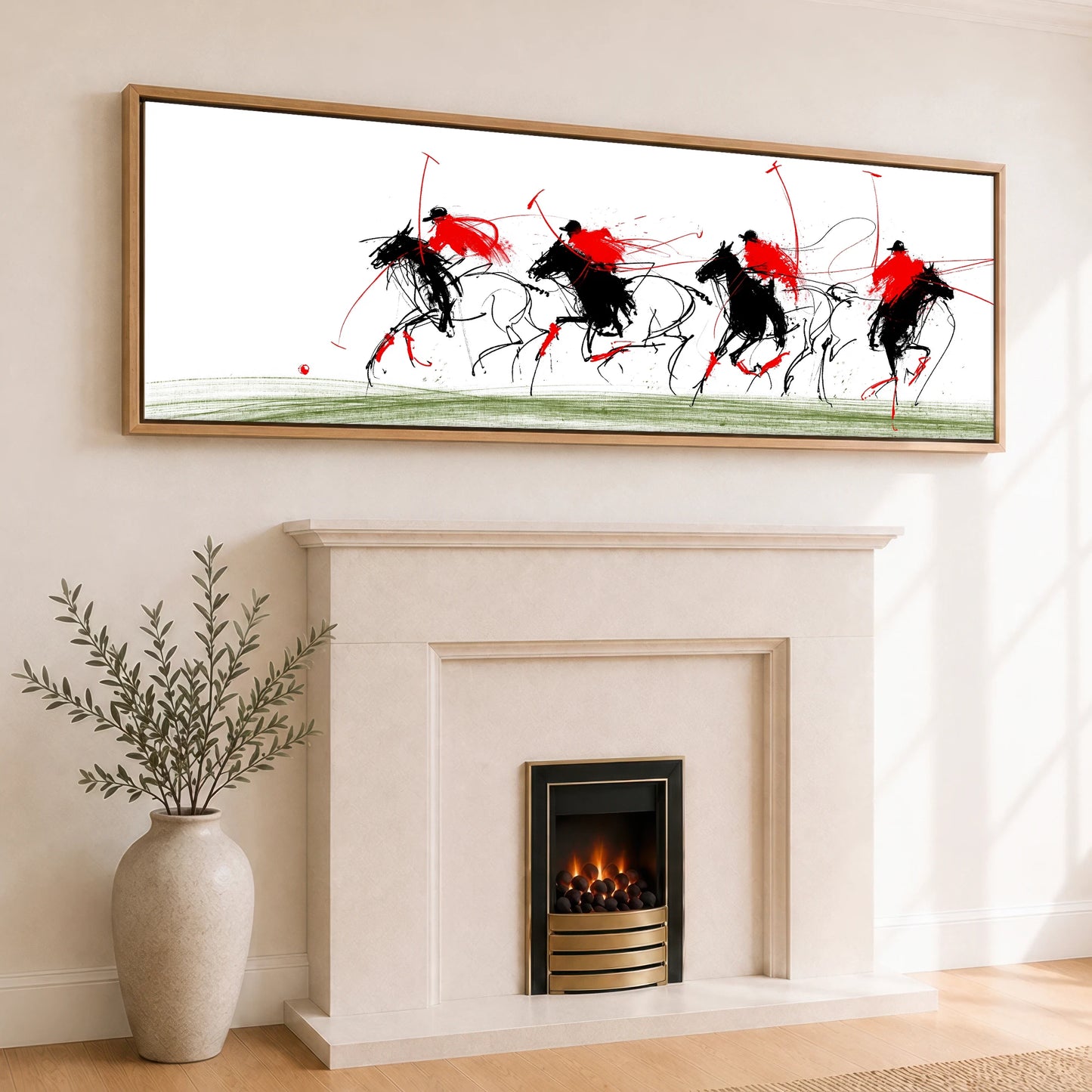 The Scarlet Charge Polo Horse panoramic canvas wall art displayed above a fireplace