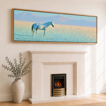 Shimmering Solitude Horse Landscape panoramic canvas wall art displayed above a fireplace