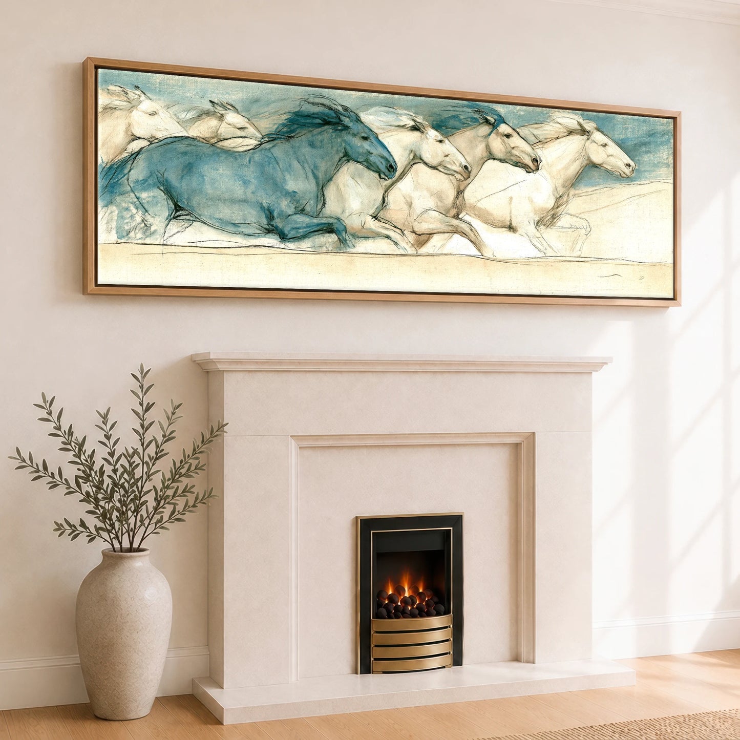 Azure Stride Horse Landscape panoramic canvas wall art displayed above a fireplace