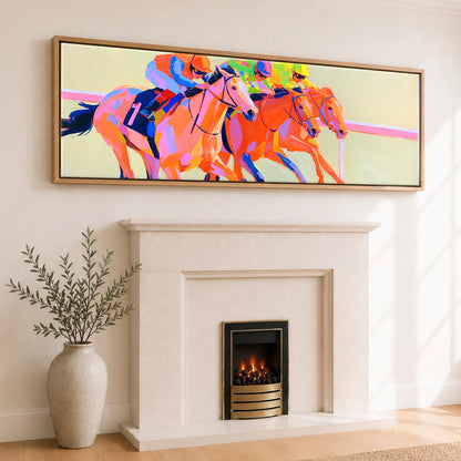 Vivid Finish Line Racing Horse panoramic canvas wall art displayed above a fireplace
