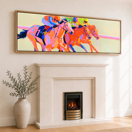 Vivid Finish Line Racing Horse panoramic canvas wall art displayed above a fireplace