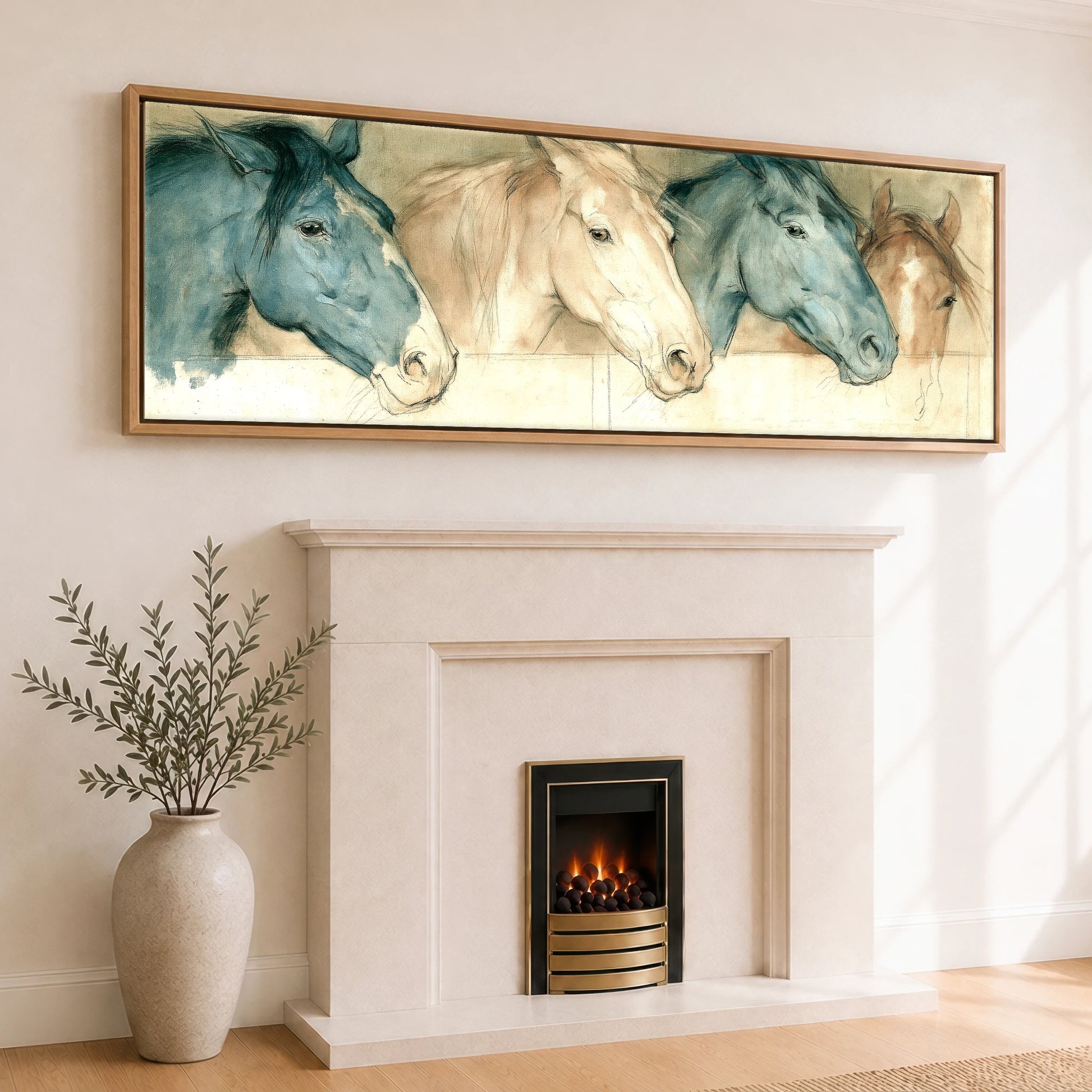 Stable Companions Horse Stable panoramic canvas wall art displayed above a fireplace