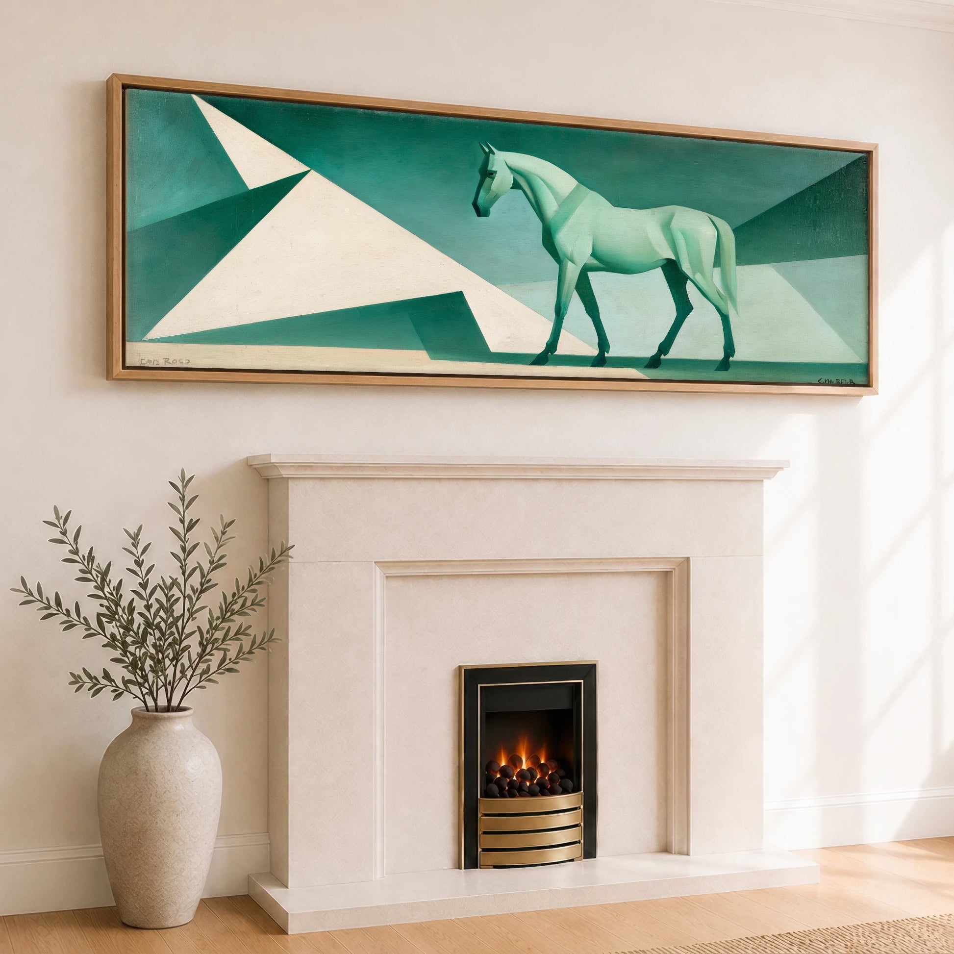 Geometric Green Striding Horse Horse Landscape panoramic canvas wall art displayed above a fireplace