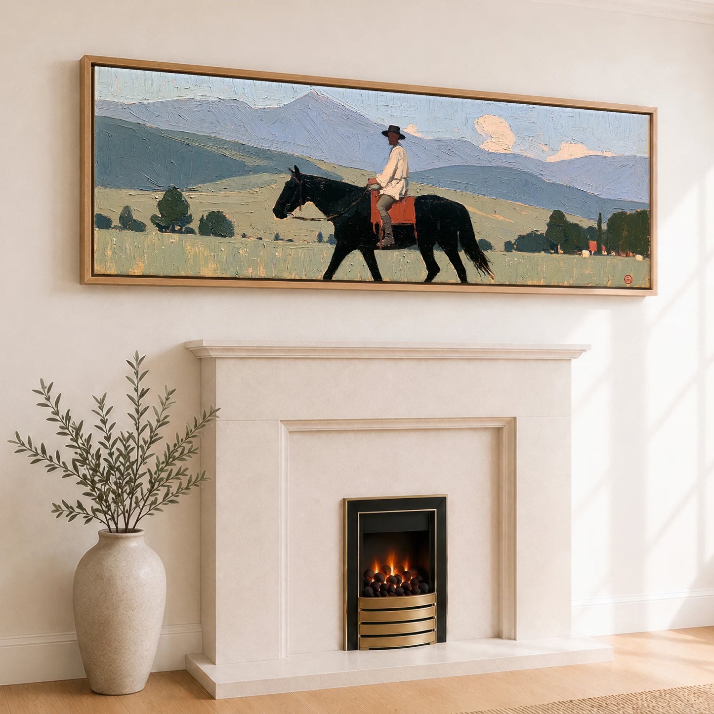 Across the Blue Ranges Horse Landscape panoramic canvas wall art displayed above a fireplace