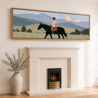 Across the Blue Ranges Horse Landscape panoramic canvas wall art displayed above a fireplace