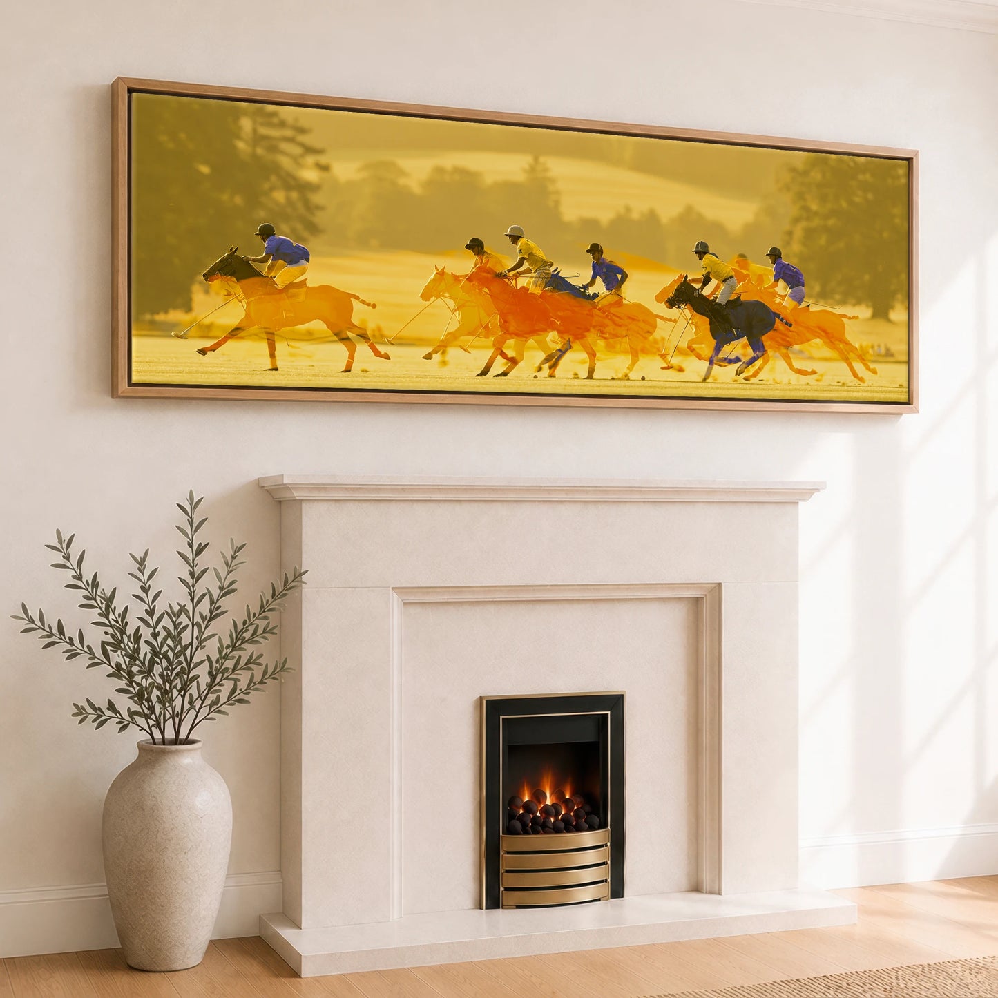 The Amber Chukka Polo Horse panoramic canvas wall art displayed above a fireplace