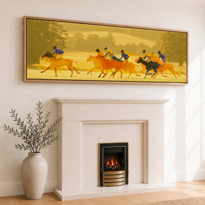 The Amber Chukka Polo Horse panoramic canvas wall art displayed above a fireplace