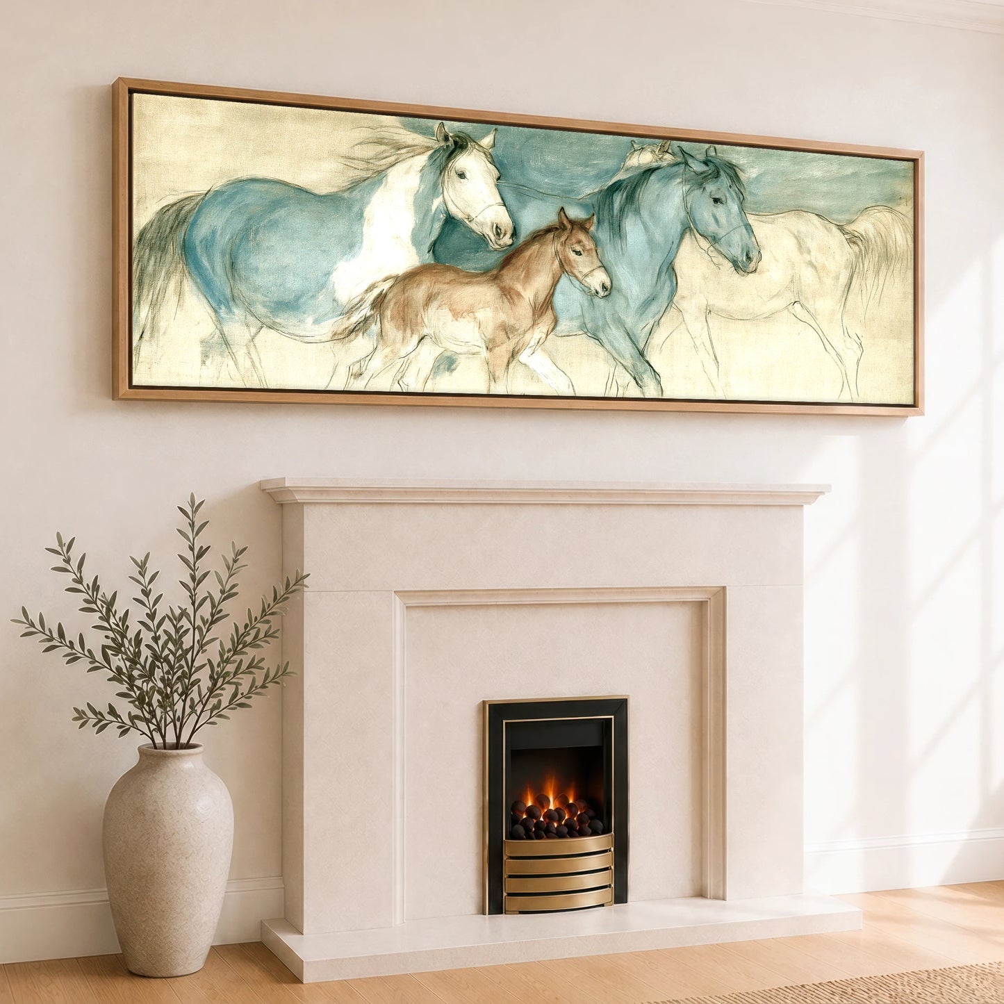 Teal and Parchment Herd Mare & Foal panoramic canvas wall art displayed above a fireplace