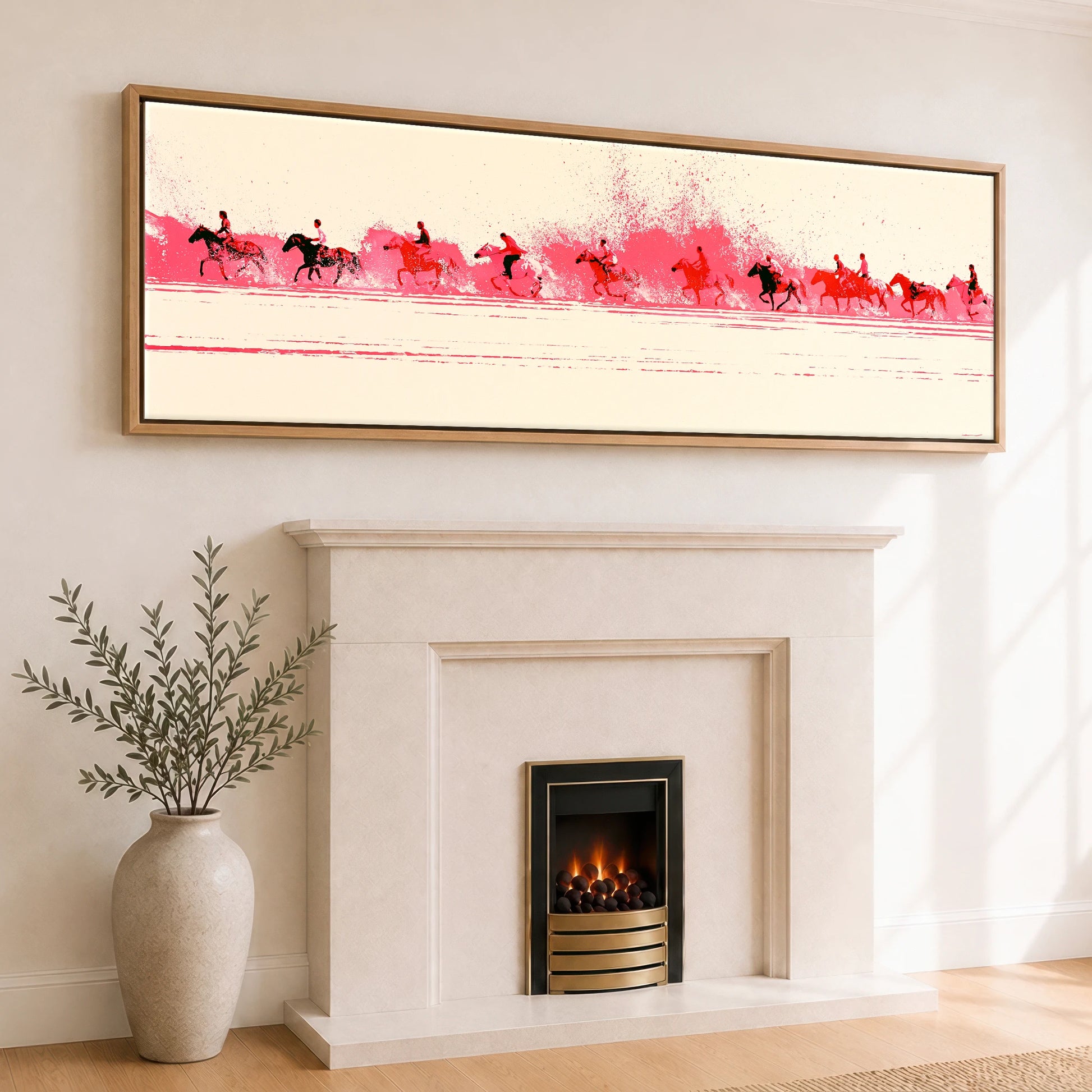 Magenta Surf Gallop Beach Horse panoramic canvas wall art displayed above a fireplace