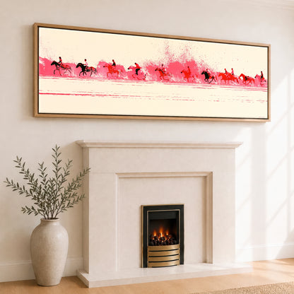 Magenta Surf Gallop Beach Horse panoramic canvas wall art displayed above a fireplace