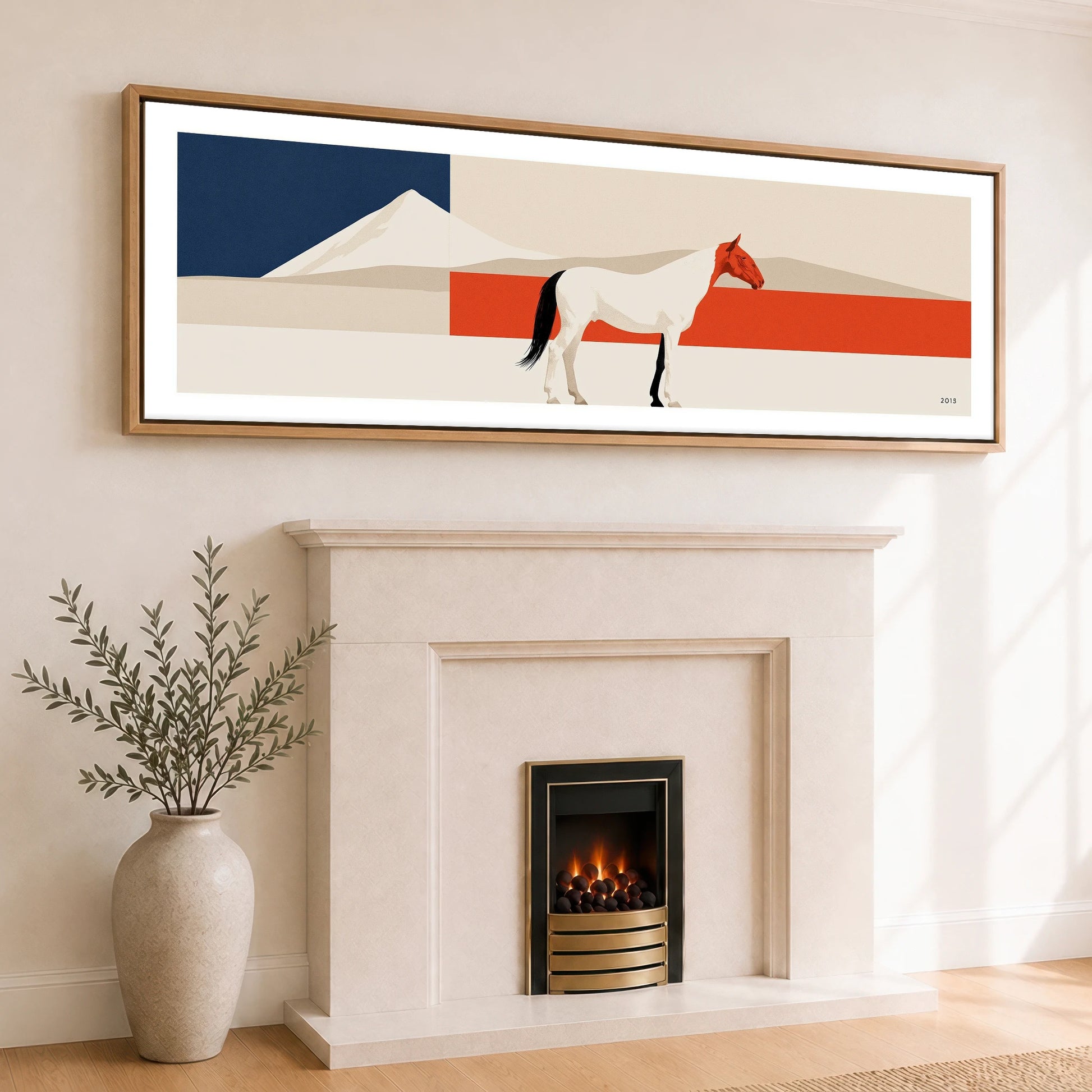 Bold Equine Horizon Horse Landscape panoramic canvas wall art displayed above a fireplace