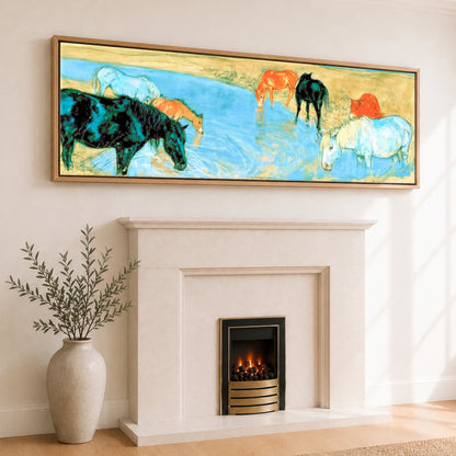 The Cerulean Stream Wild Horses panoramic canvas wall art displayed above a fireplace