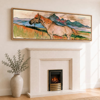 Mountain Spirit in Ochre Horse Landscape panoramic canvas wall art displayed above a fireplace