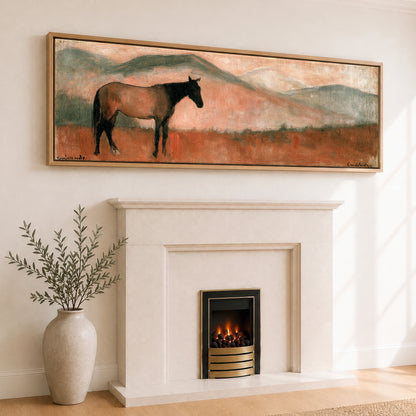 Terracotta Horizon Horse Landscape panoramic canvas wall art displayed above a fireplace